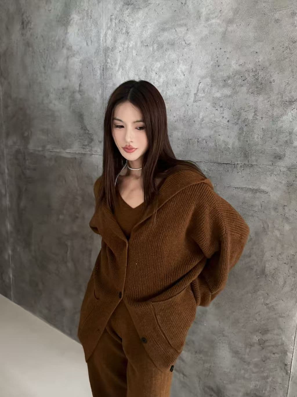 가을 겨울 캐주얼 루즈핏 후드 스웨터 니트 카디건 코트 캐미솔 와이드 레그 팬츠 3종 세트 세트 여성 상세 이미지 10