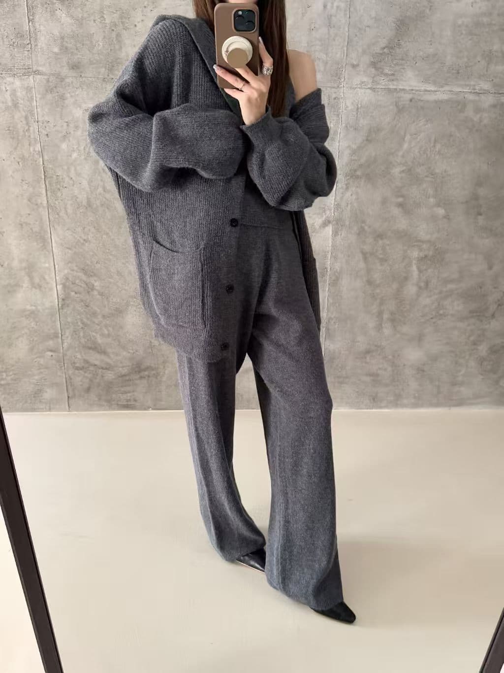 가을 겨울 캐주얼 루즈핏 후드 스웨터 니트 카디건 코트 캐미솔 와이드 레그 팬츠 3종 세트 세트 여성 상세 이미지 11