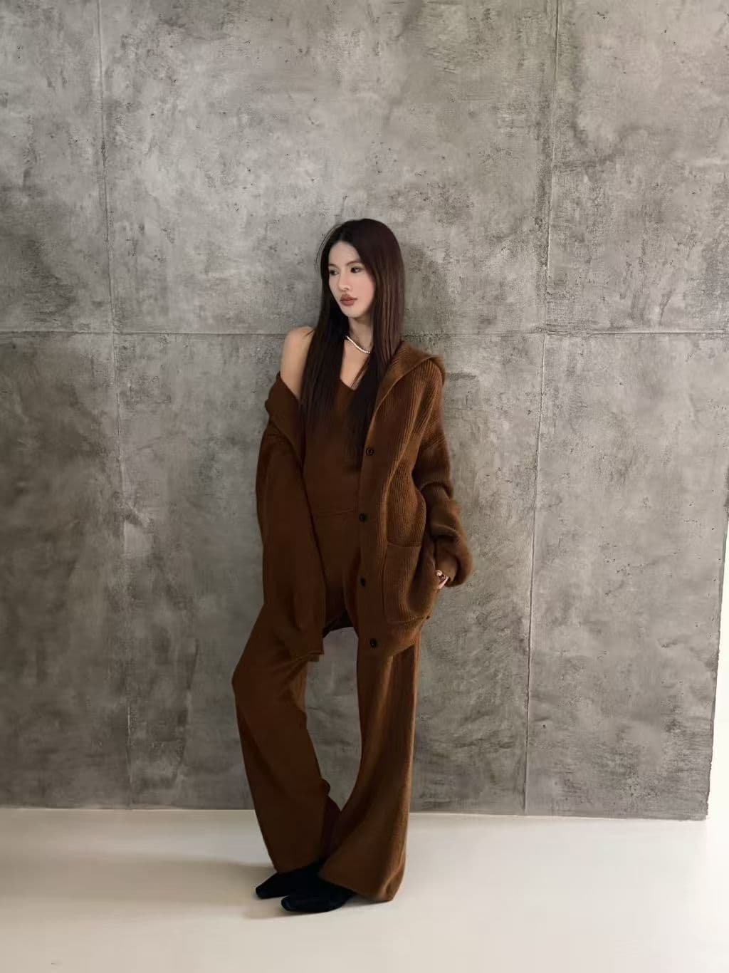 가을 겨울 캐주얼 루즈핏 후드 스웨터 니트 카디건 코트 캐미솔 와이드 레그 팬츠 3종 세트 세트 여성 상세 이미지 13