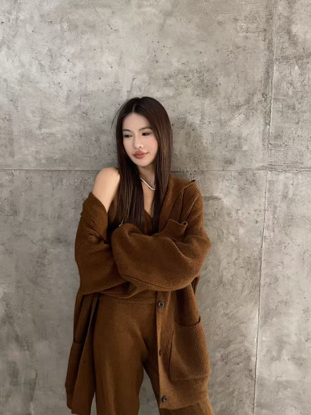 가을 겨울 캐주얼 루즈핏 후드 스웨터 니트 카디건 코트 캐미솔 와이드 레그 팬츠 3종 세트 세트 여성 상세 이미지 19