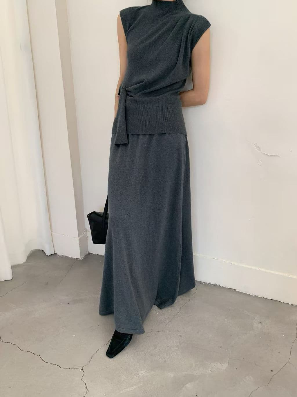 빛 요리 한 우아함 바람 세트 주름 허리 수축 맨위 반신 스커트 여성 가을 겨울 디자인 센스 품격 니트 스웨터 투피스 세트 상세 이미지 16
