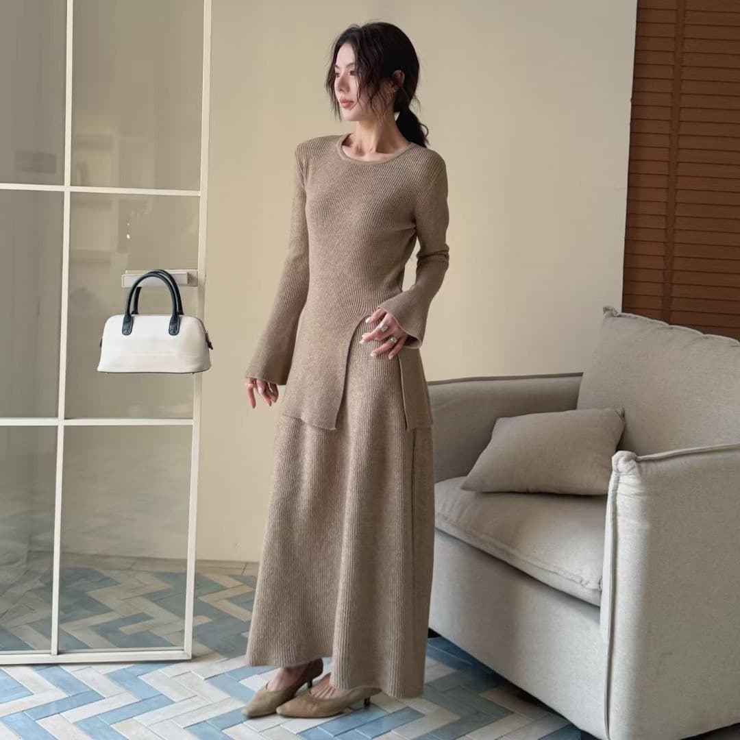 907 가을 겨울 경기 코트 니트 세트 슈퍼 잘 생긴 만나는 인사이드 가져 가라. 트임 스웨터 가져 가라. 반신 롱 스커트 투피스 세트