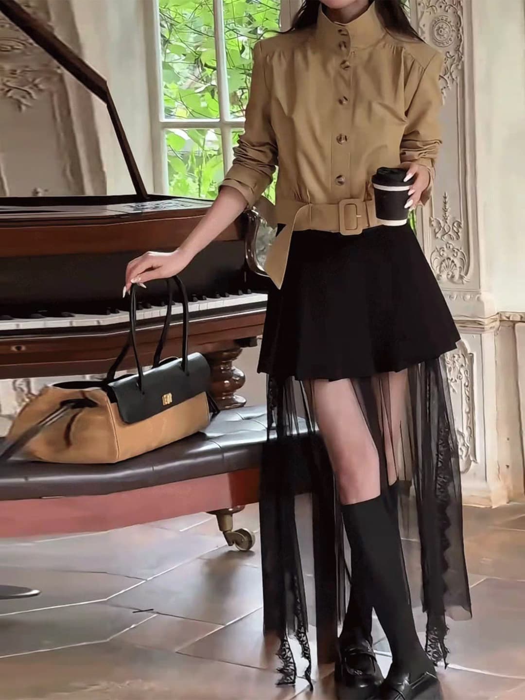 한 부서 chic 허리 인감 허리 수축 쇼트 스타일 바람막이 작은 외투 여성 가을 빛 요리 한 코치 전체 집합 착용 가져 가라. 망사 반 스커트 이미지 3