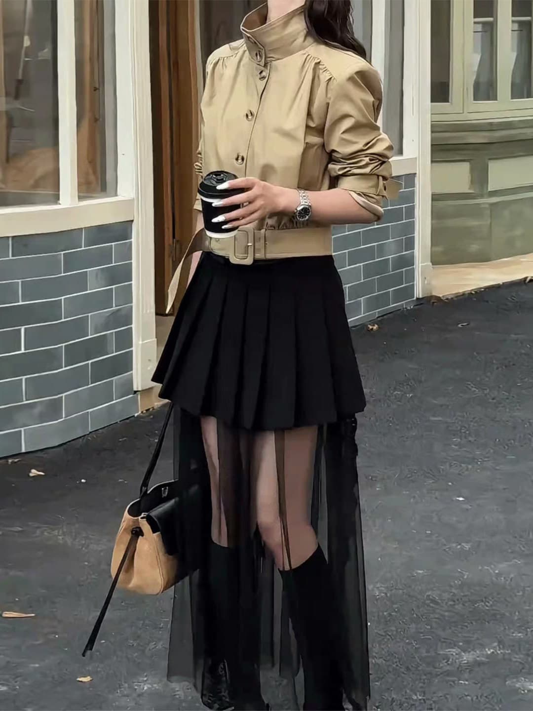 한 부서 chic 허리 인감 허리 수축 쇼트 스타일 바람막이 작은 외투 여성 가을 빛 요리 한 코치 전체 집합 착용 가져 가라. 망사 반 스커트 이미지 2