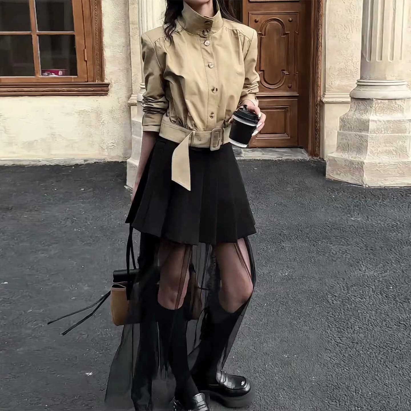 한 부서 chic 허리 인감 허리 수축 쇼트 스타일 바람막이 작은 외투 여성 가을 빛 요리 한 코치 전체 집합 착용 가져 가라. 망사 반 스커트 상세 이미지 5