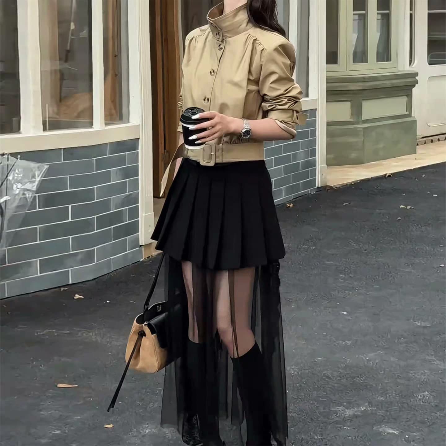 한 부서 chic 허리 인감 허리 수축 쇼트 스타일 바람막이 작은 외투 여성 가을 빛 요리 한 코치 전체 집합 착용 가져 가라. 망사 반 스커트 상세 이미지 6