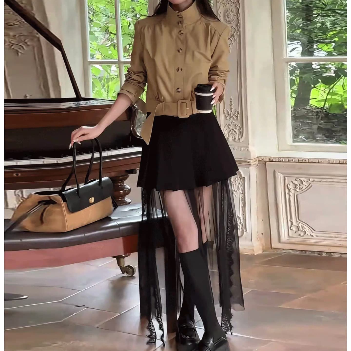 한 부서 chic 허리 인감 허리 수축 쇼트 스타일 바람막이 작은 외투 여성 가을 빛 요리 한 코치 전체 집합 착용 가져 가라. 망사 반 스커트 상세 이미지 7