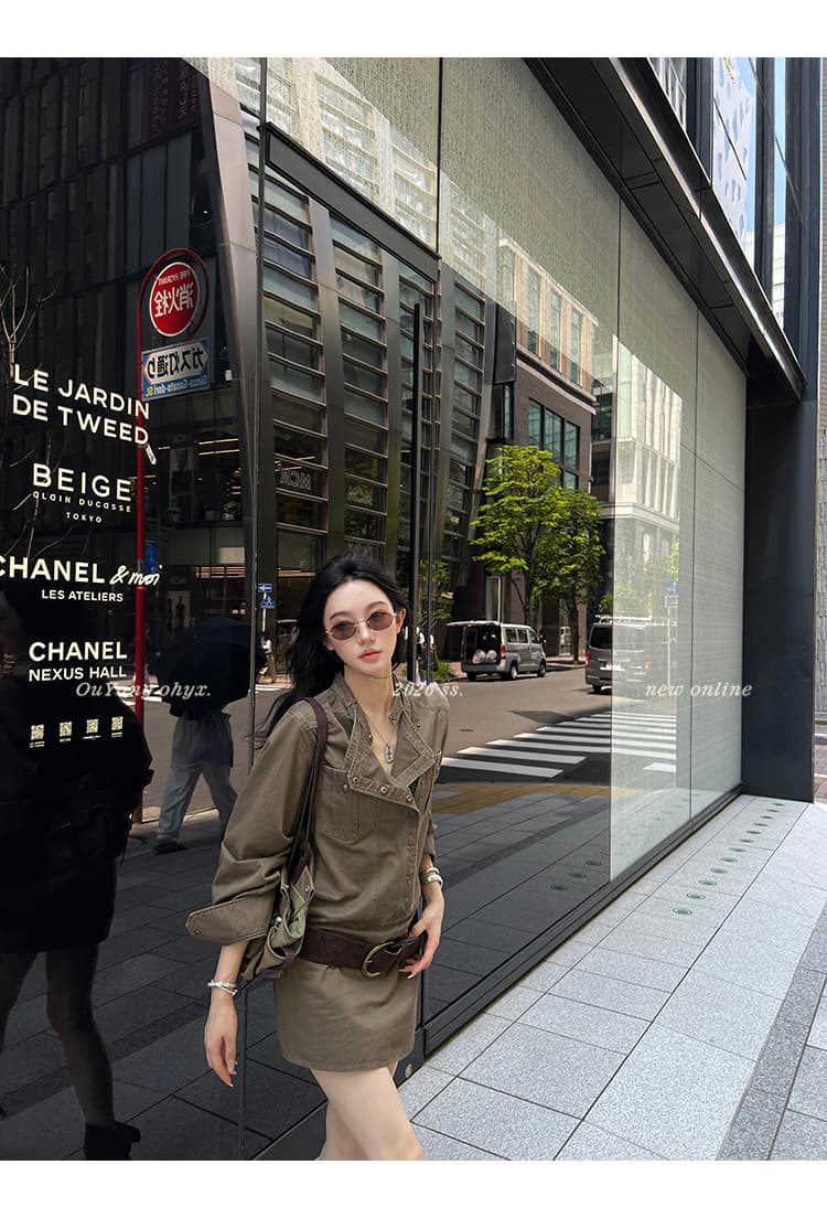 지구 Ouyang 니켈 맛 거리 인생 핫걸 치마 비스듬한 ~까지 분할 vtg 워싱 스탠드 칼라 드레스 벨트 보내기 상세 이미지 8