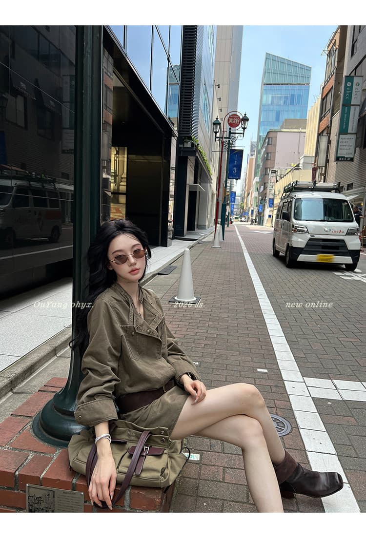 지구 Ouyang 니켈 맛 거리 인생 핫걸 치마 비스듬한 ~까지 분할 vtg 워싱 스탠드 칼라 드레스 벨트 보내기 상세 이미지 12