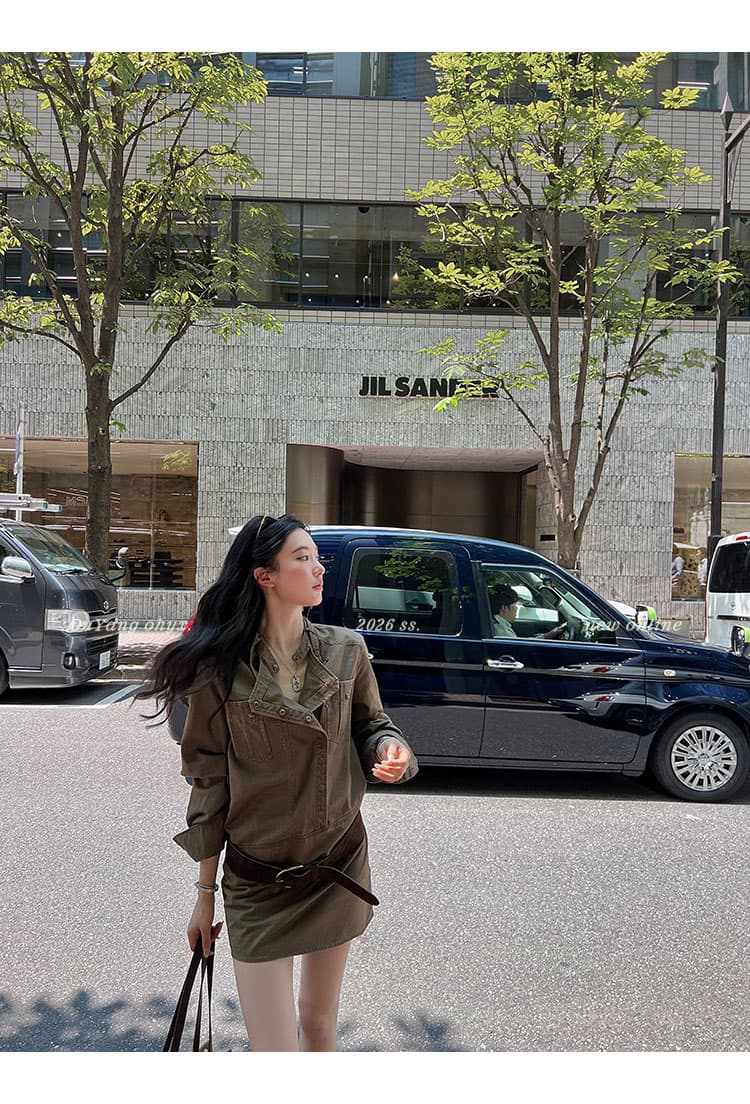 지구 Ouyang 니켈 맛 거리 인생 핫걸 치마 비스듬한 ~까지 분할 vtg 워싱 스탠드 칼라 드레스 벨트 보내기 상세 이미지 14