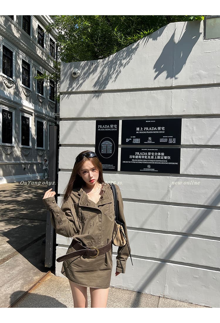 지구 Ouyang 니켈 맛 거리 인생 핫걸 치마 비스듬한 ~까지 분할 vtg 워싱 스탠드 칼라 드레스 벨트 보내기 상세 이미지 17