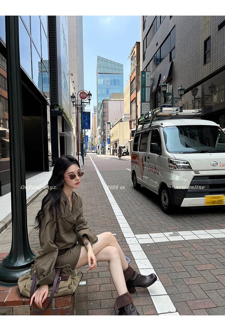 지구 Ouyang 니켈 맛 거리 인생 핫걸 치마 비스듬한 ~까지 분할 vtg 워싱 스탠드 칼라 드레스 벨트 보내기 상세 이미지 26