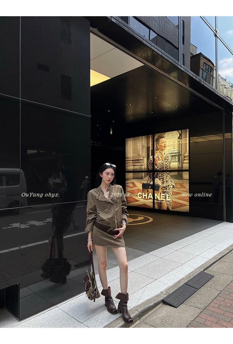 지구 Ouyang 니켈 맛 거리 인생 핫걸 치마 비스듬한 ~까지 분할 vtg 워싱 스탠드 칼라 드레스 벨트 보내기 상세 이미지 32