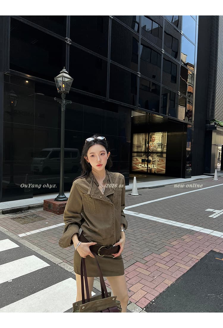 지구 Ouyang 니켈 맛 거리 인생 핫걸 치마 비스듬한 ~까지 분할 vtg 워싱 스탠드 칼라 드레스 벨트 보내기 상세 이미지 40