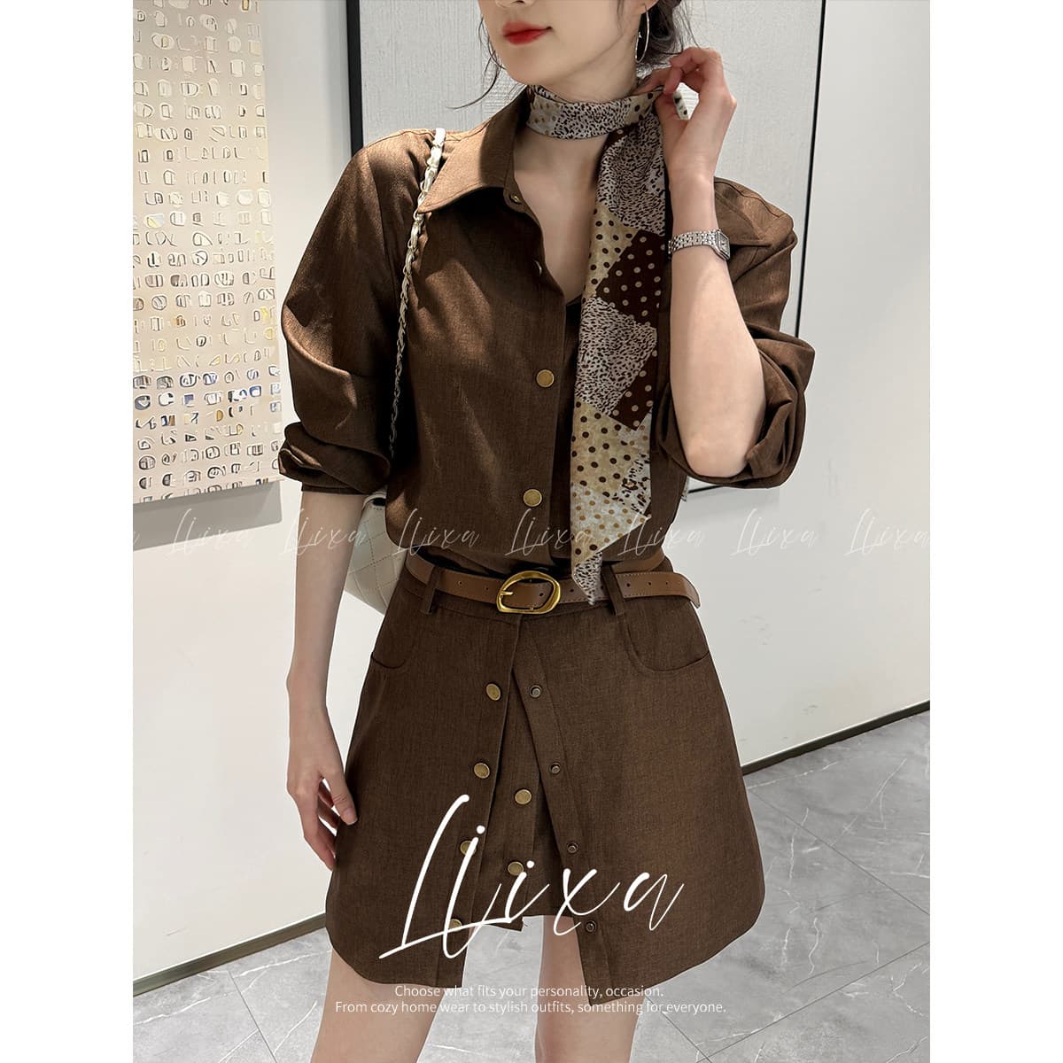 liixu 가을 빛 요리 한 바람 착용 가져 가라. 여성 길다 셔츠 코디 페이크 레이어드 A라인 스커트 허리 수축 슬림해 보이는 출퇴근 세트 상세 이미지 2