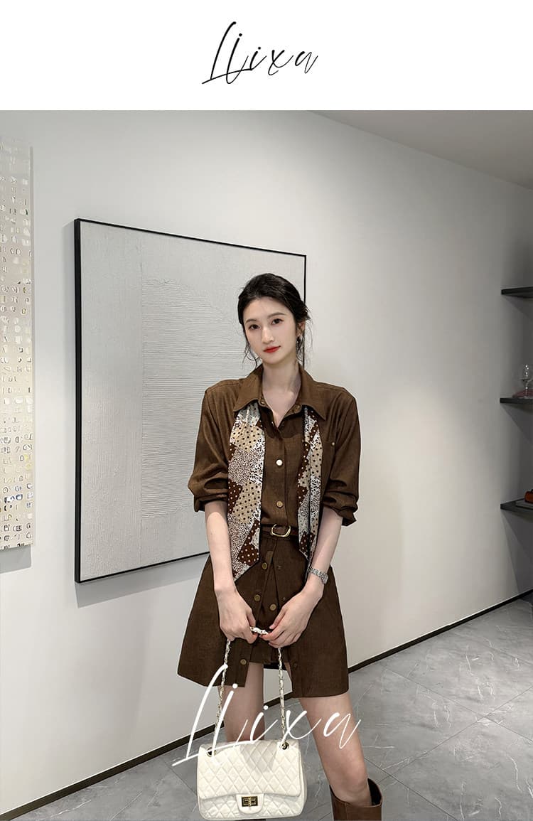 liixu 가을 빛 요리 한 바람 착용 가져 가라. 여성 길다 셔츠 코디 페이크 레이어드 A라인 스커트 허리 수축 슬림해 보이는 출퇴근 세트 상세 이미지 3