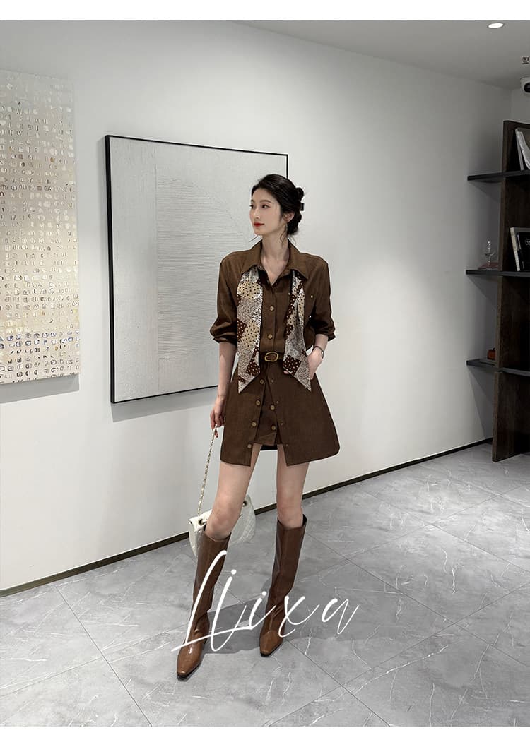 liixu 가을 빛 요리 한 바람 착용 가져 가라. 여성 길다 셔츠 코디 페이크 레이어드 A라인 스커트 허리 수축 슬림해 보이는 출퇴근 세트 상세 이미지 4