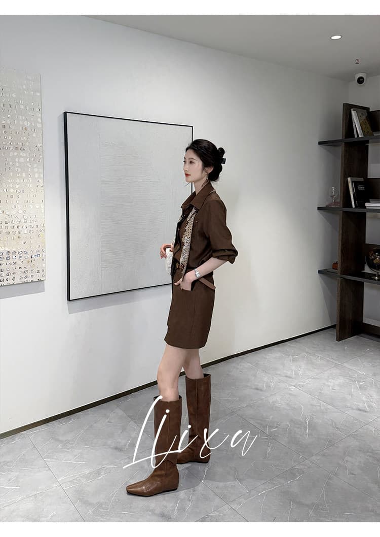 liixu 가을 빛 요리 한 바람 착용 가져 가라. 여성 길다 셔츠 코디 페이크 레이어드 A라인 스커트 허리 수축 슬림해 보이는 출퇴근 세트 상세 이미지 5