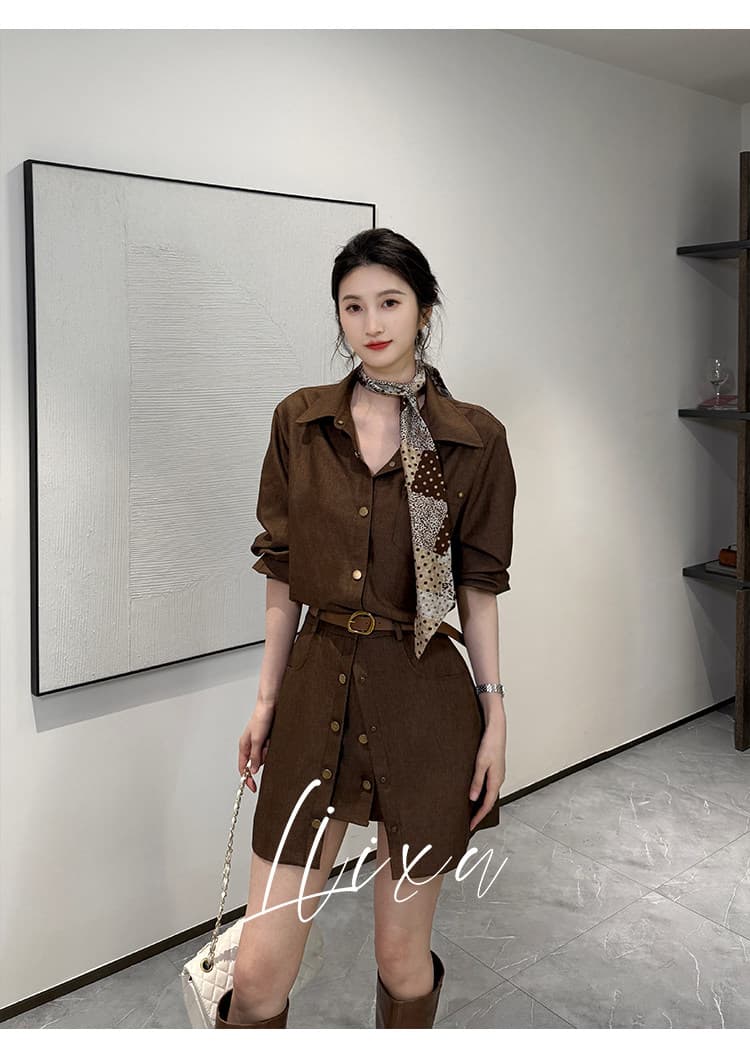 liixu 가을 빛 요리 한 바람 착용 가져 가라. 여성 길다 셔츠 코디 페이크 레이어드 A라인 스커트 허리 수축 슬림해 보이는 출퇴근 세트 상세 이미지 6