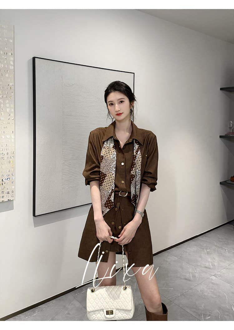 liixu 가을 빛 요리 한 바람 착용 가져 가라. 여성 길다 셔츠 코디 페이크 레이어드 A라인 스커트 허리 수축 슬림해 보이는 출퇴근 세트 상세 이미지 7