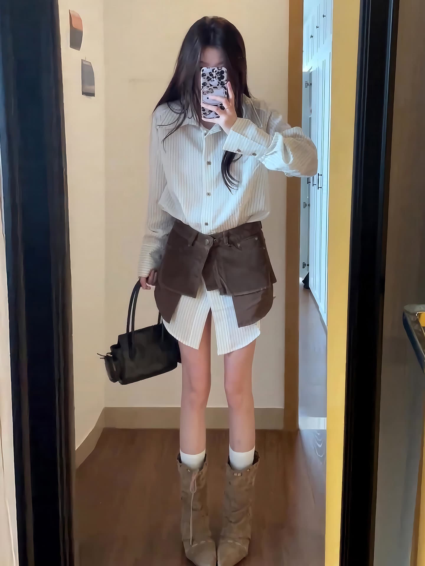 빛 사람들 코치 착용 가져 가라. 전체 집합 이른 가을 느긋한 바람 세로 줄무늬 중간 길이 셔츠 허리 인감 스택 착용 두 조각 여성 세트 상세 이미지 6