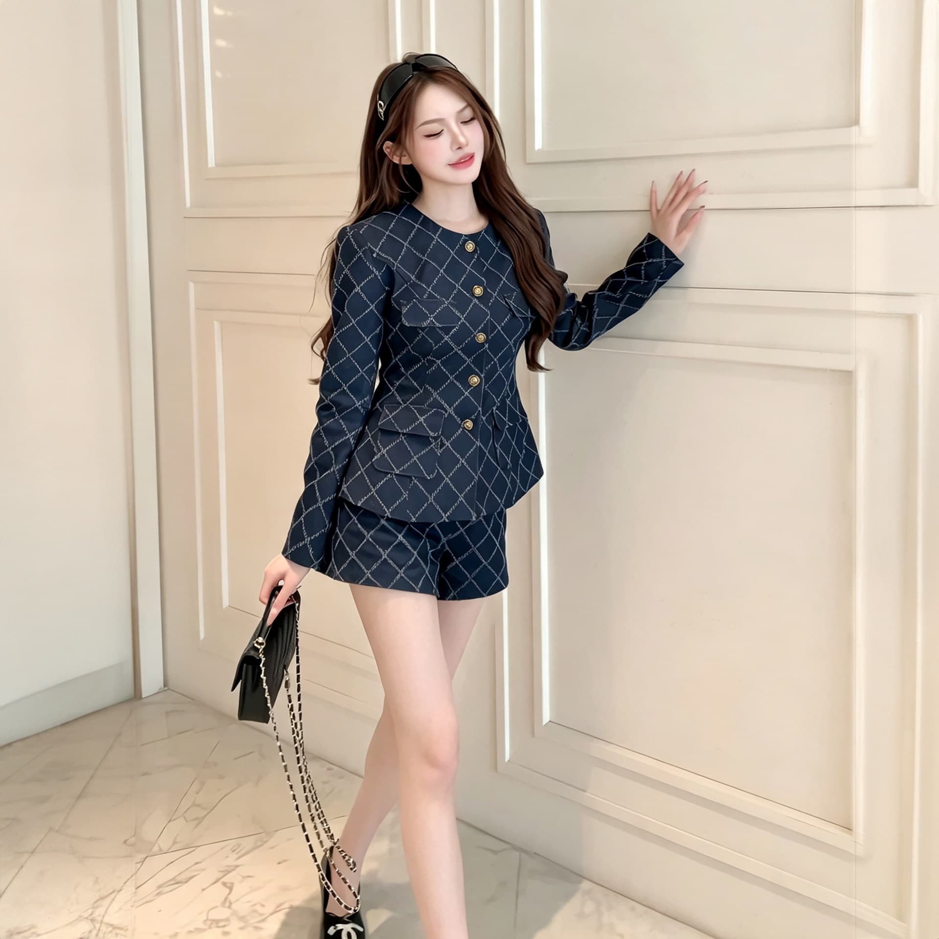 프랑스식 작은 샤넬 스타일 링 그리드 긴팔 세트 여성 가을 허리 수축 맨위 하이웨이스트 넓은 다리가 짧다. 바지 슬림해 보이는 디스플레이 높음 착용 가져 가라. 이미지 3