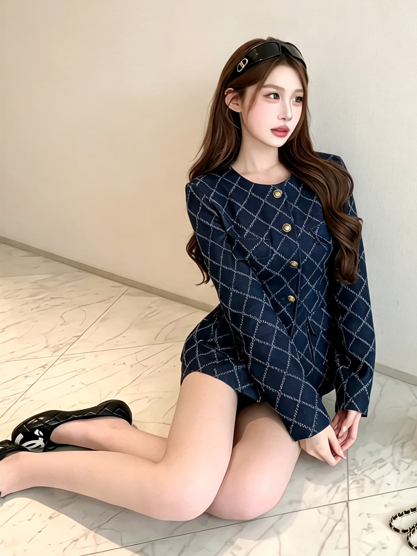 프랑스식 작은 샤넬 스타일 링 그리드 긴팔 세트 여성 가을 허리 수축 맨위 하이웨이스트 넓은 다리가 짧다. 바지 슬림해 보이는 디스플레이 높음 착용 가져 가라. 이미지 4