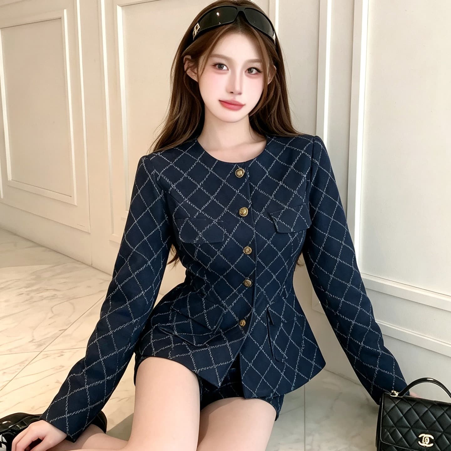 프랑스식 작은 샤넬 스타일 링 그리드 긴팔 세트 여성 가을 허리 수축 맨위 하이웨이스트 넓은 다리가 짧다. 바지 슬림해 보이는 디스플레이 높음 착용 가져 가라. 이미지 5
