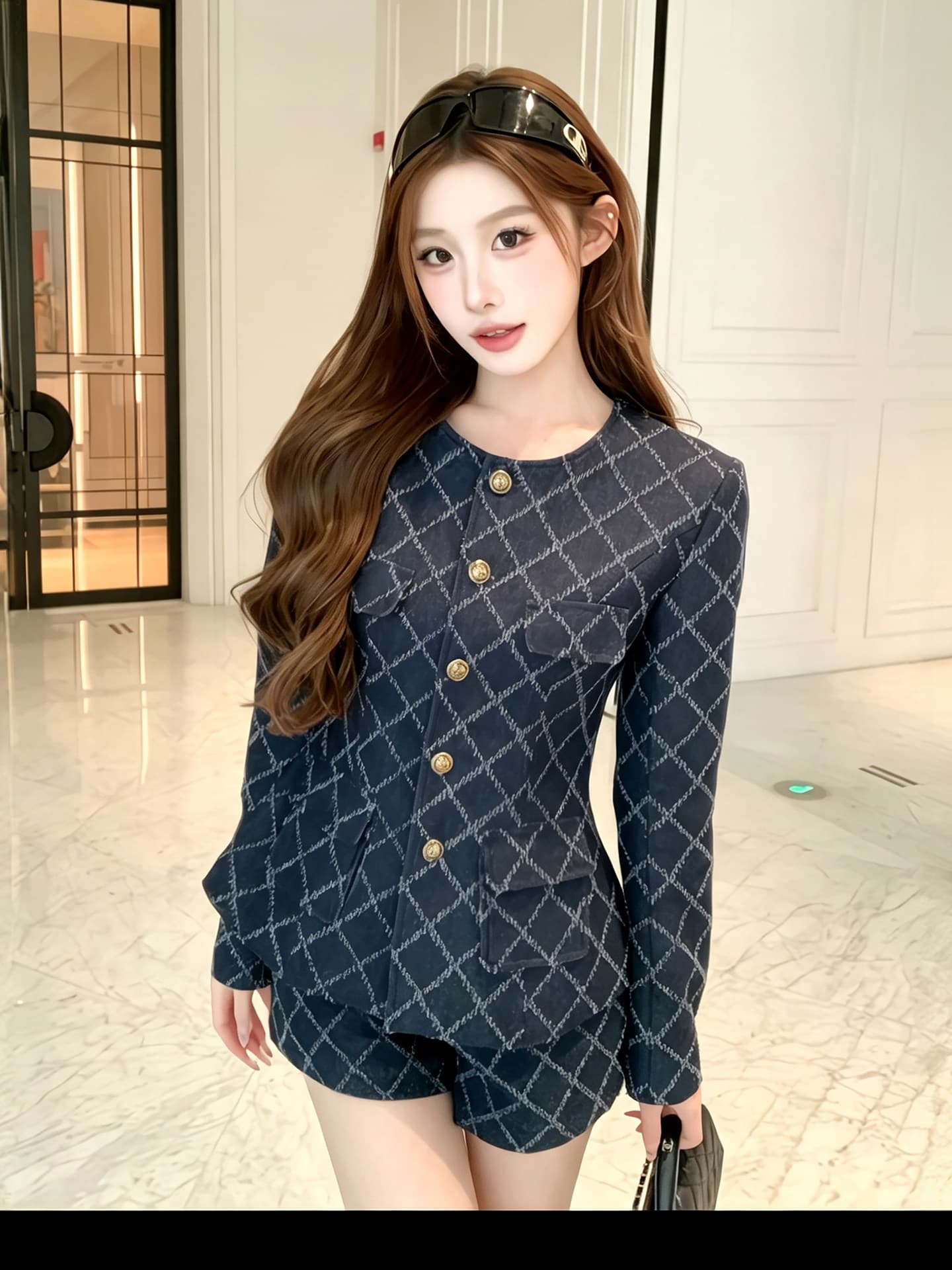 프랑스식 작은 샤넬 스타일 링 그리드 긴팔 세트 여성 가을 허리 수축 맨위 하이웨이스트 넓은 다리가 짧다. 바지 슬림해 보이는 디스플레이 높음 착용 가져 가라. 상세 이미지 1