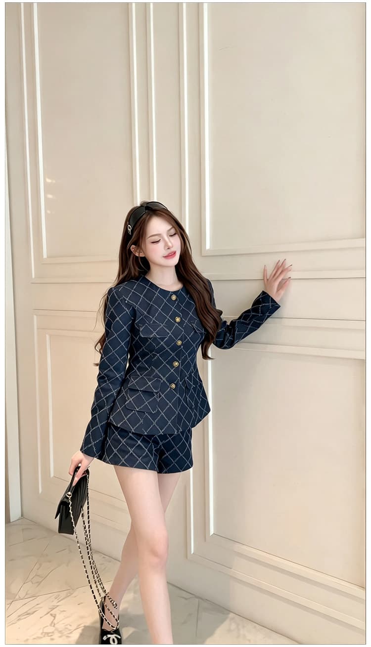 프랑스식 작은 샤넬 스타일 링 그리드 긴팔 세트 여성 가을 허리 수축 맨위 하이웨이스트 넓은 다리가 짧다. 바지 슬림해 보이는 디스플레이 높음 착용 가져 가라. 상세 이미지 2