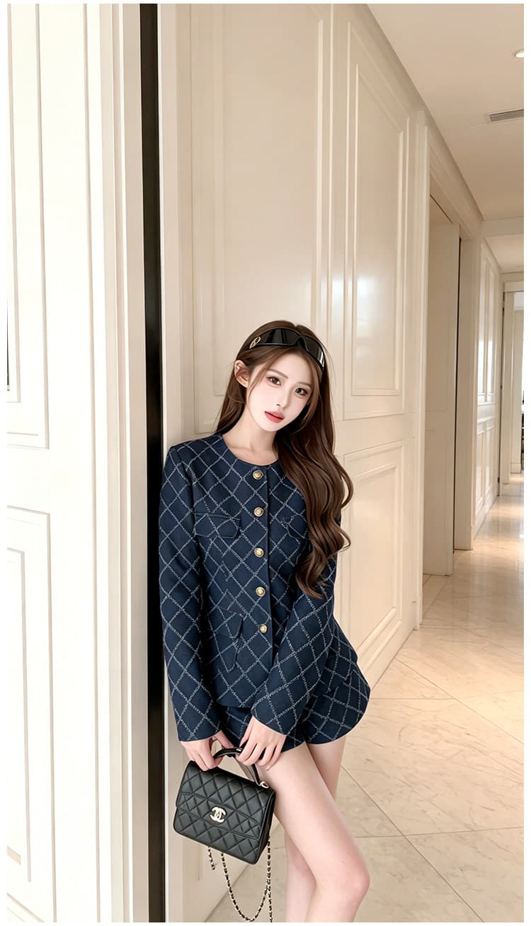 프랑스식 작은 샤넬 스타일 링 그리드 긴팔 세트 여성 가을 허리 수축 맨위 하이웨이스트 넓은 다리가 짧다. 바지 슬림해 보이는 디스플레이 높음 착용 가져 가라. 상세 이미지 4