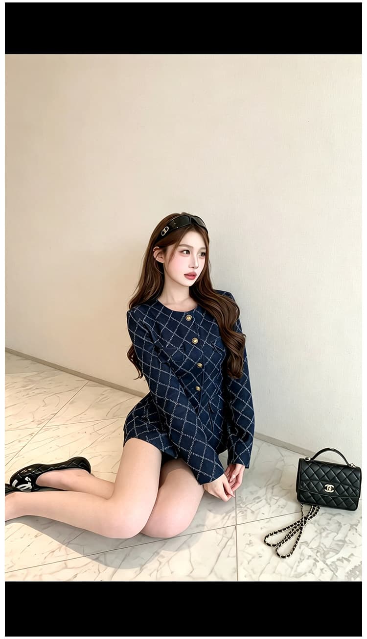 프랑스식 작은 샤넬 스타일 링 그리드 긴팔 세트 여성 가을 허리 수축 맨위 하이웨이스트 넓은 다리가 짧다. 바지 슬림해 보이는 디스플레이 높음 착용 가져 가라. 상세 이미지 5