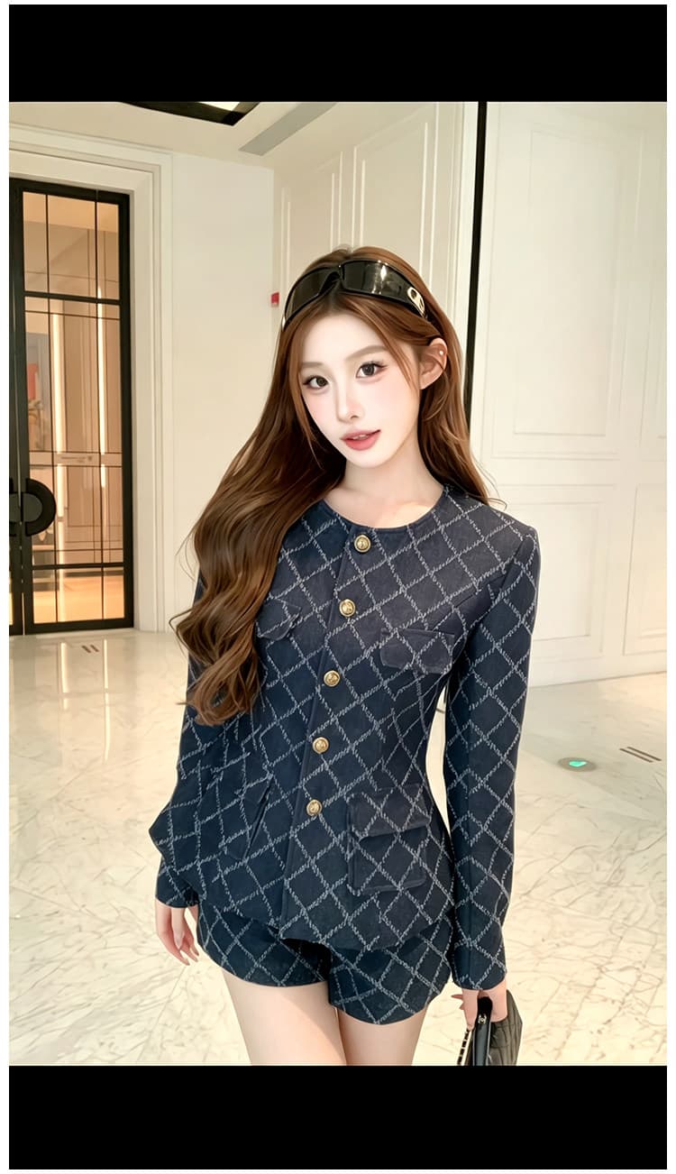프랑스식 작은 샤넬 스타일 링 그리드 긴팔 세트 여성 가을 허리 수축 맨위 하이웨이스트 넓은 다리가 짧다. 바지 슬림해 보이는 디스플레이 높음 착용 가져 가라. 상세 이미지 6