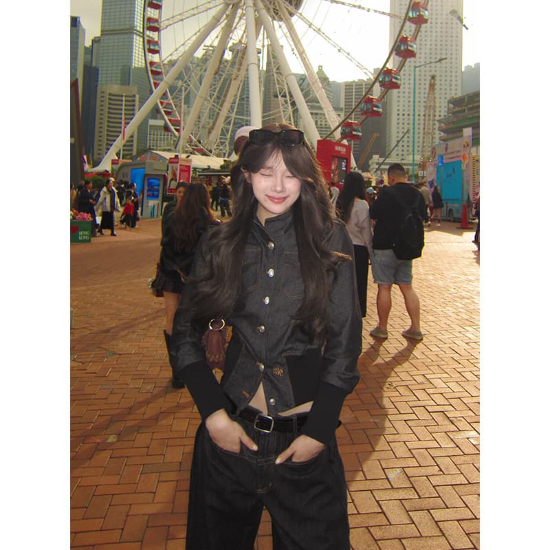 r1dge 아메리칸 해체 스탠드 칼라 싱글 줄 버튼 데님 여성 코트 가을 겨울 허리 수축 슬림해 보이는 품격 다용도 재킷 이미지 5