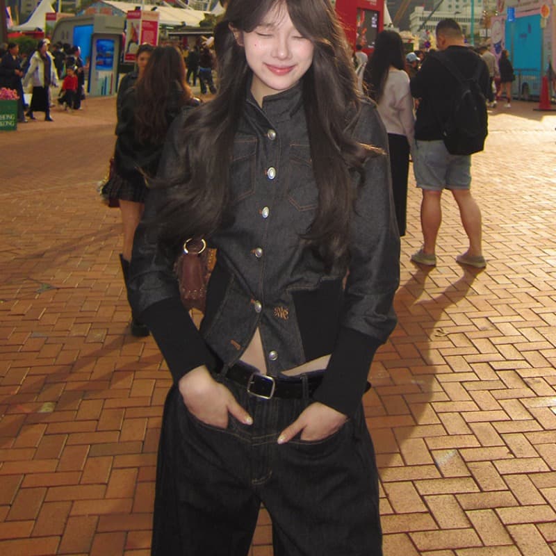 r1dge 아메리칸 해체 스탠드 칼라 싱글 줄 버튼 데님 여성 코트 가을 겨울 허리 수축 슬림해 보이는 품격 다용도 재킷 이미지 6