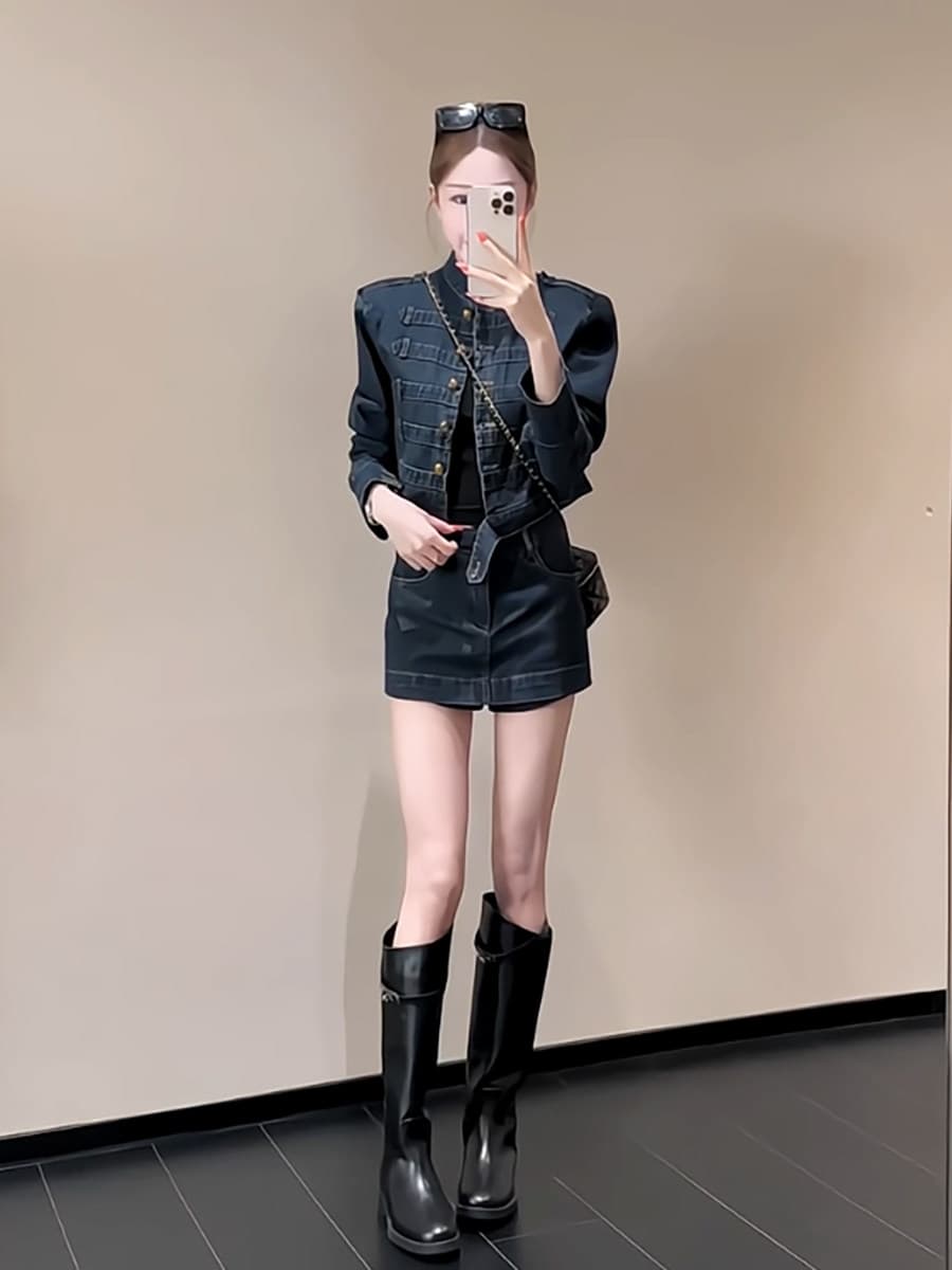 레트로 궁정 바람 스탠드 칼라 금 버클 쇼트 스타일 데님 재킷 세트 여성 하이웨이스트 한 마디 데님 미니 스커트 투피스 세트 이미지 2