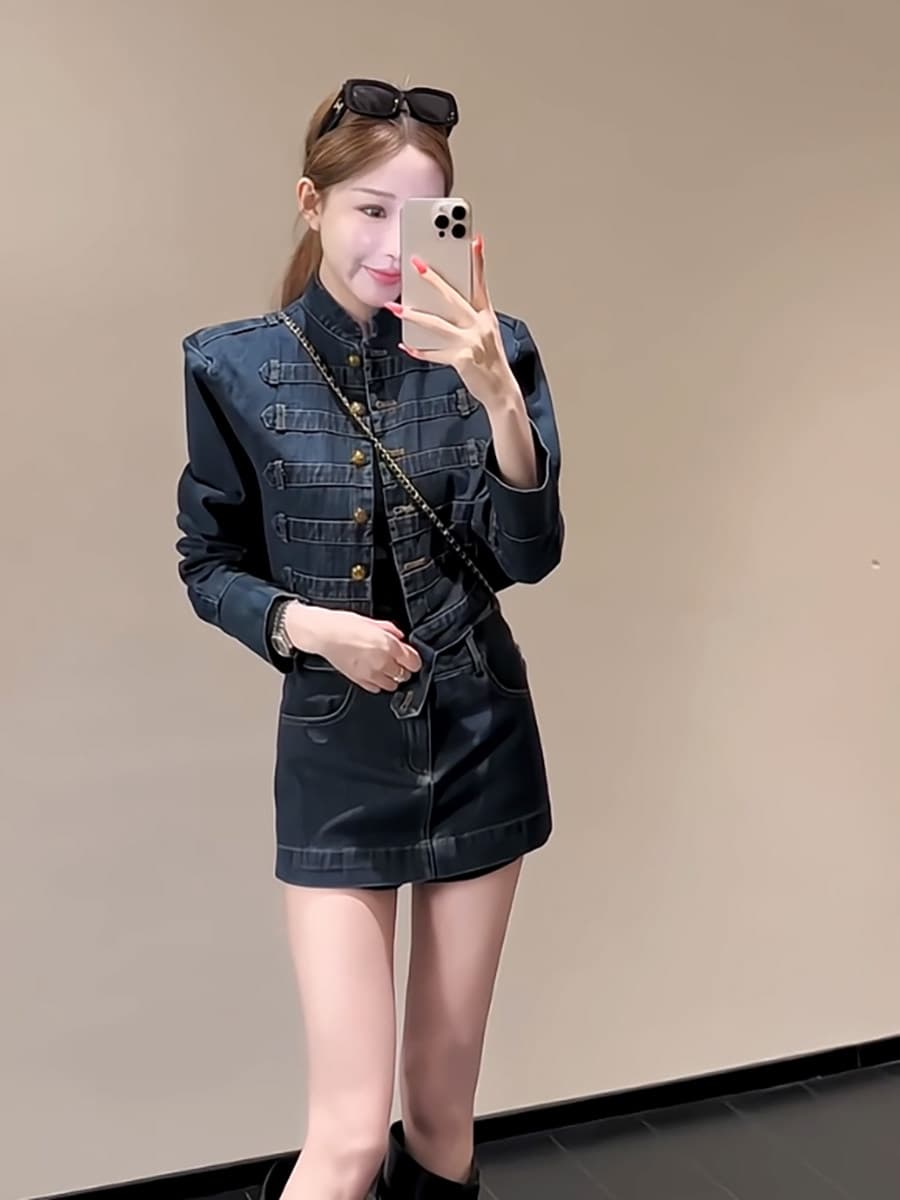 레트로 궁정 바람 스탠드 칼라 금 버클 쇼트 스타일 데님 재킷 세트 여성 하이웨이스트 한 마디 데님 미니 스커트 투피스 세트