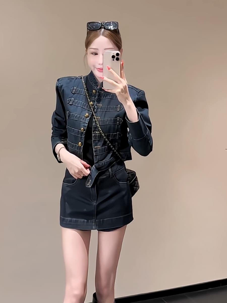 레트로 궁정 바람 스탠드 칼라 금 버클 쇼트 스타일 데님 재킷 세트 여성 하이웨이스트 한 마디 데님 미니 스커트 투피스 세트 이미지 3