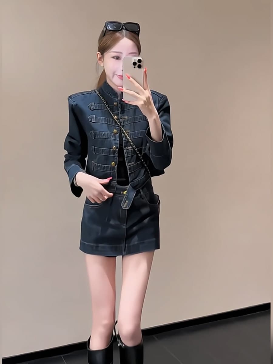 레트로 궁정 바람 스탠드 칼라 금 버클 쇼트 스타일 데님 재킷 세트 여성 하이웨이스트 한 마디 데님 미니 스커트 투피스 세트 이미지 4