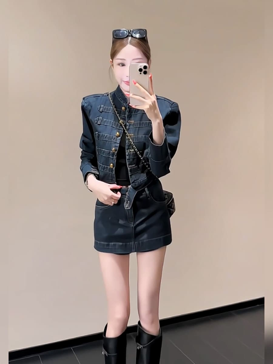 레트로 궁정 바람 스탠드 칼라 금 버클 쇼트 스타일 데님 재킷 세트 여성 하이웨이스트 한 마디 데님 미니 스커트 투피스 세트 상세 이미지 1