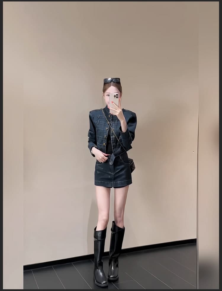 레트로 궁정 바람 스탠드 칼라 금 버클 쇼트 스타일 데님 재킷 세트 여성 하이웨이스트 한 마디 데님 미니 스커트 투피스 세트 상세 이미지 2
