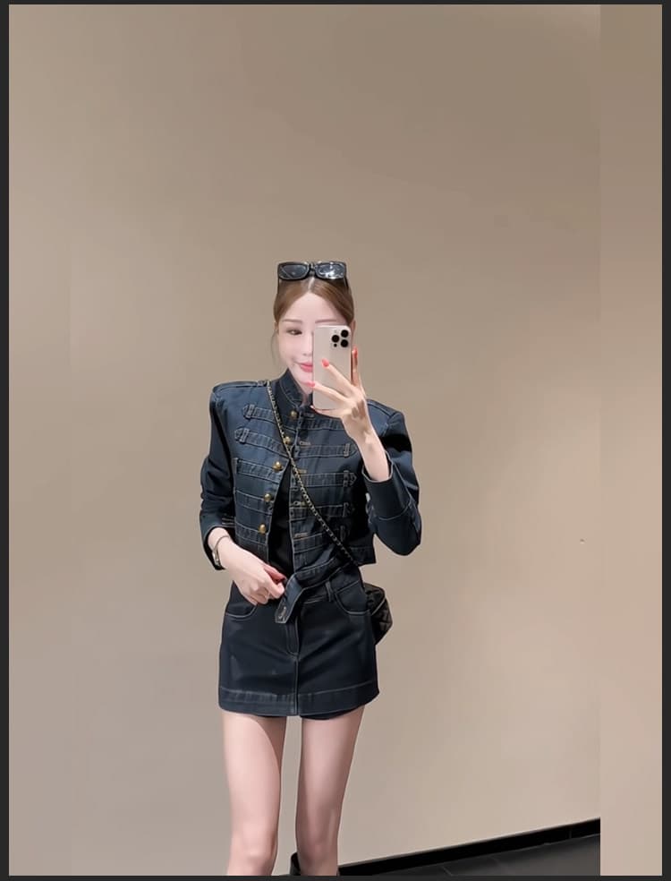 레트로 궁정 바람 스탠드 칼라 금 버클 쇼트 스타일 데님 재킷 세트 여성 하이웨이스트 한 마디 데님 미니 스커트 투피스 세트 상세 이미지 6