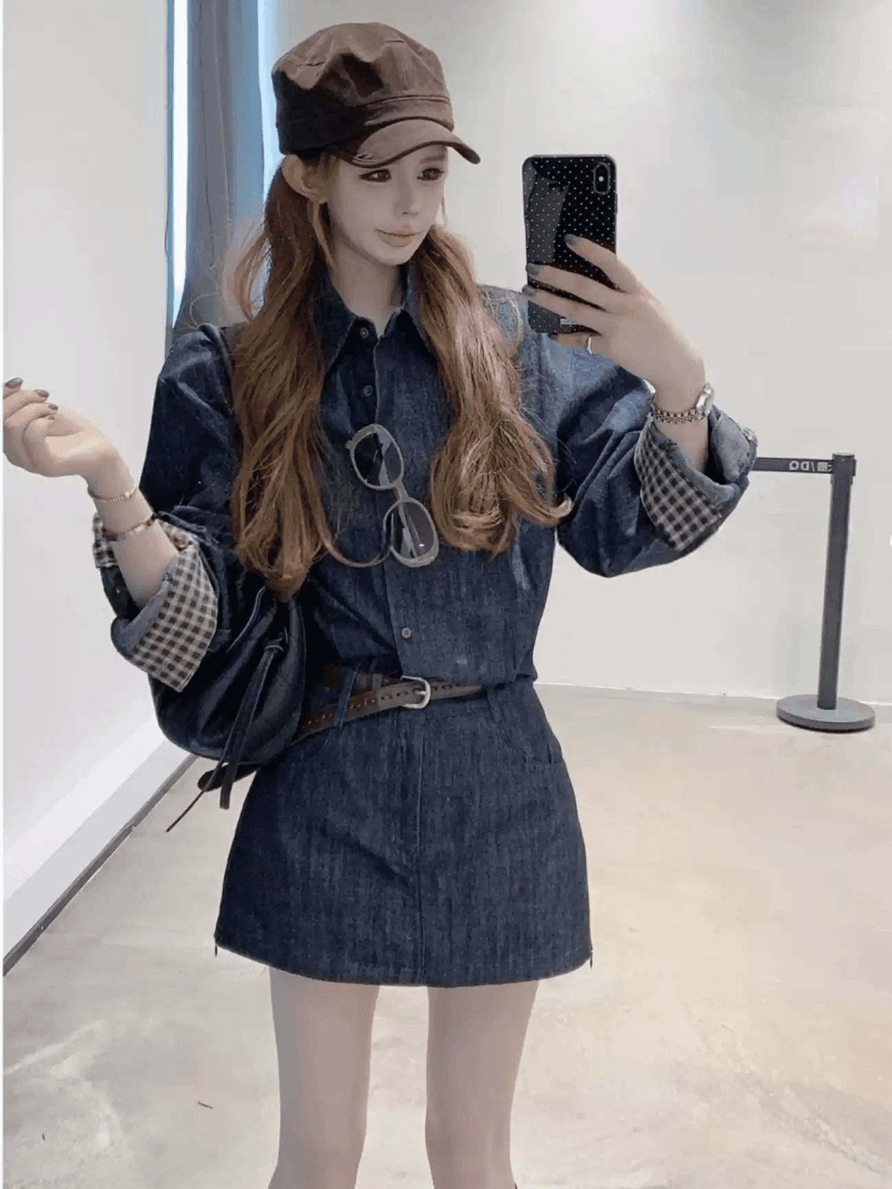한 부서 ootd 착용 가져 가라. 세트 여성 레트로 체크무늬 뒤집다 측면 소매 데님 셔츠 하이웨이스트 한 마디 미니 스커트 투피스 세트 이미지 3
