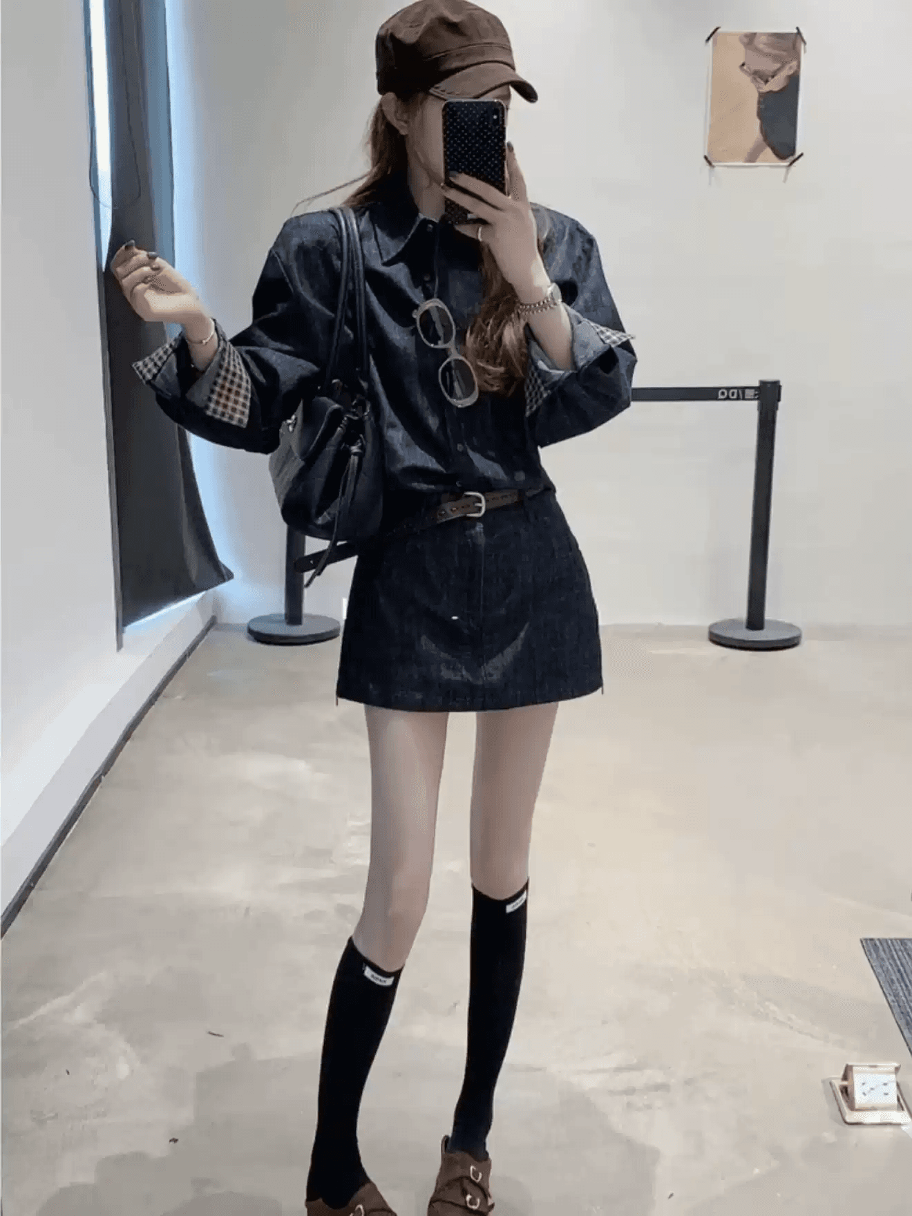 한 부서 ootd 착용 가져 가라. 세트 여성 레트로 체크무늬 뒤집다 측면 소매 데님 셔츠 하이웨이스트 한 마디 미니 스커트 투피스 세트