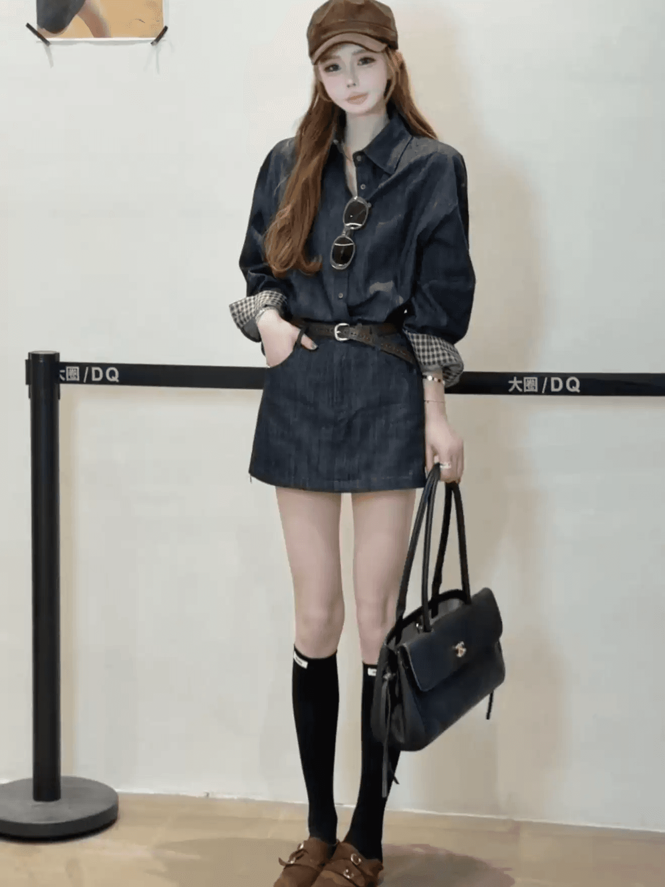 한 부서 ootd 착용 가져 가라. 세트 여성 레트로 체크무늬 뒤집다 측면 소매 데님 셔츠 하이웨이스트 한 마디 미니 스커트 투피스 세트 이미지 2
