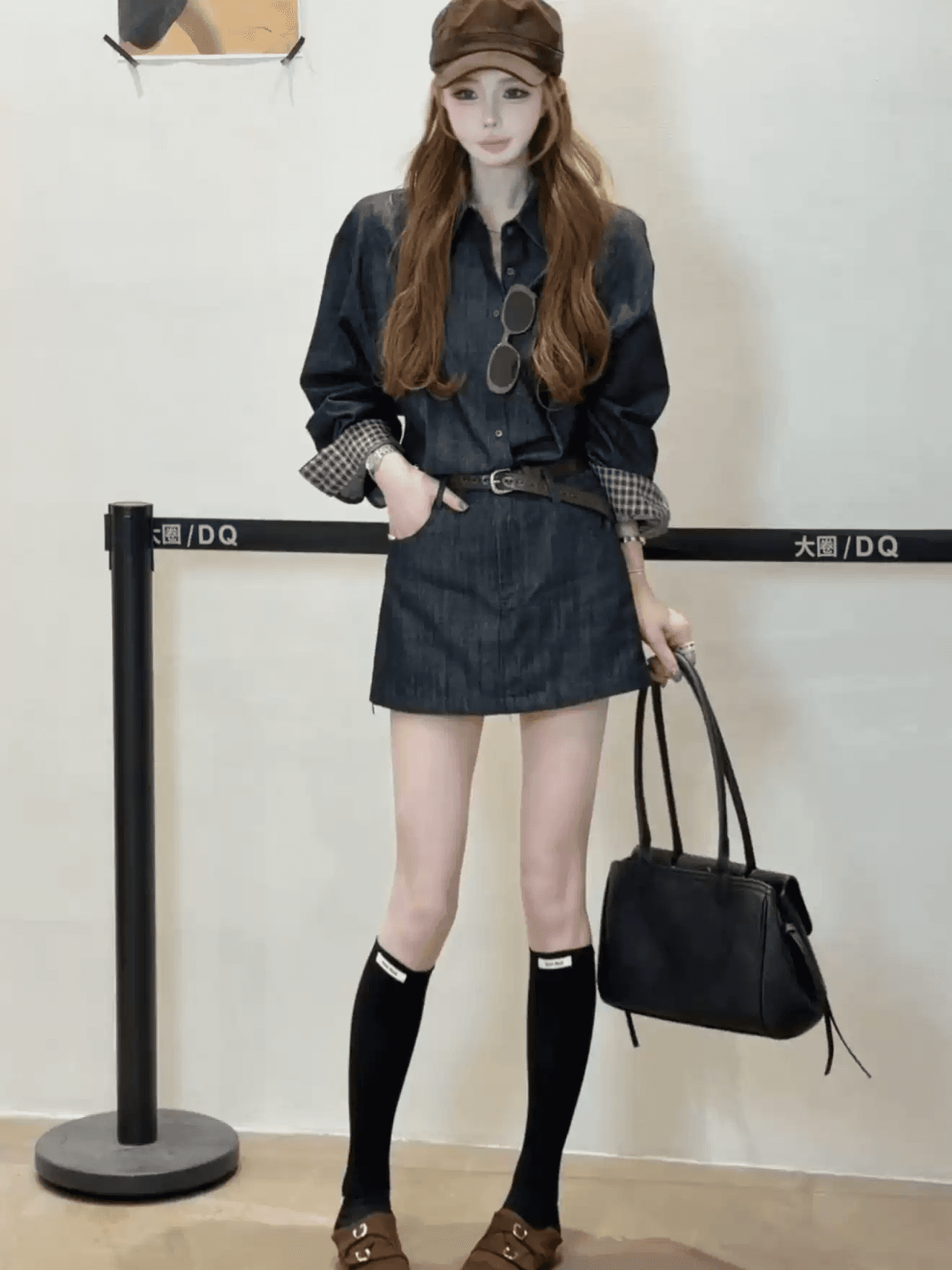 한 부서 ootd 착용 가져 가라. 세트 여성 레트로 체크무늬 뒤집다 측면 소매 데님 셔츠 하이웨이스트 한 마디 미니 스커트 투피스 세트 이미지 4