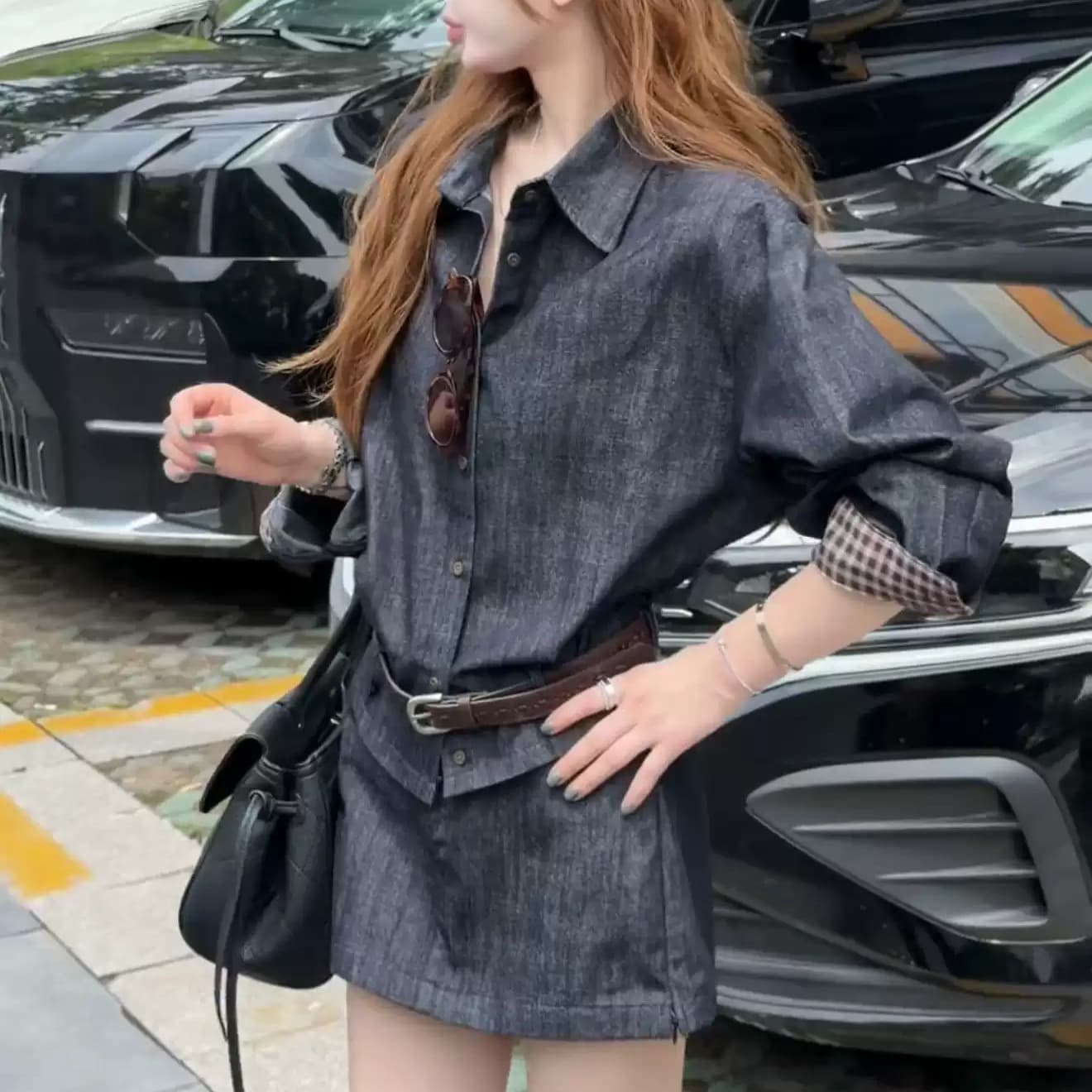 한 부서 ootd 착용 가져 가라. 세트 여성 레트로 체크무늬 뒤집다 측면 소매 데님 셔츠 하이웨이스트 한 마디 미니 스커트 투피스 세트 이미지 5