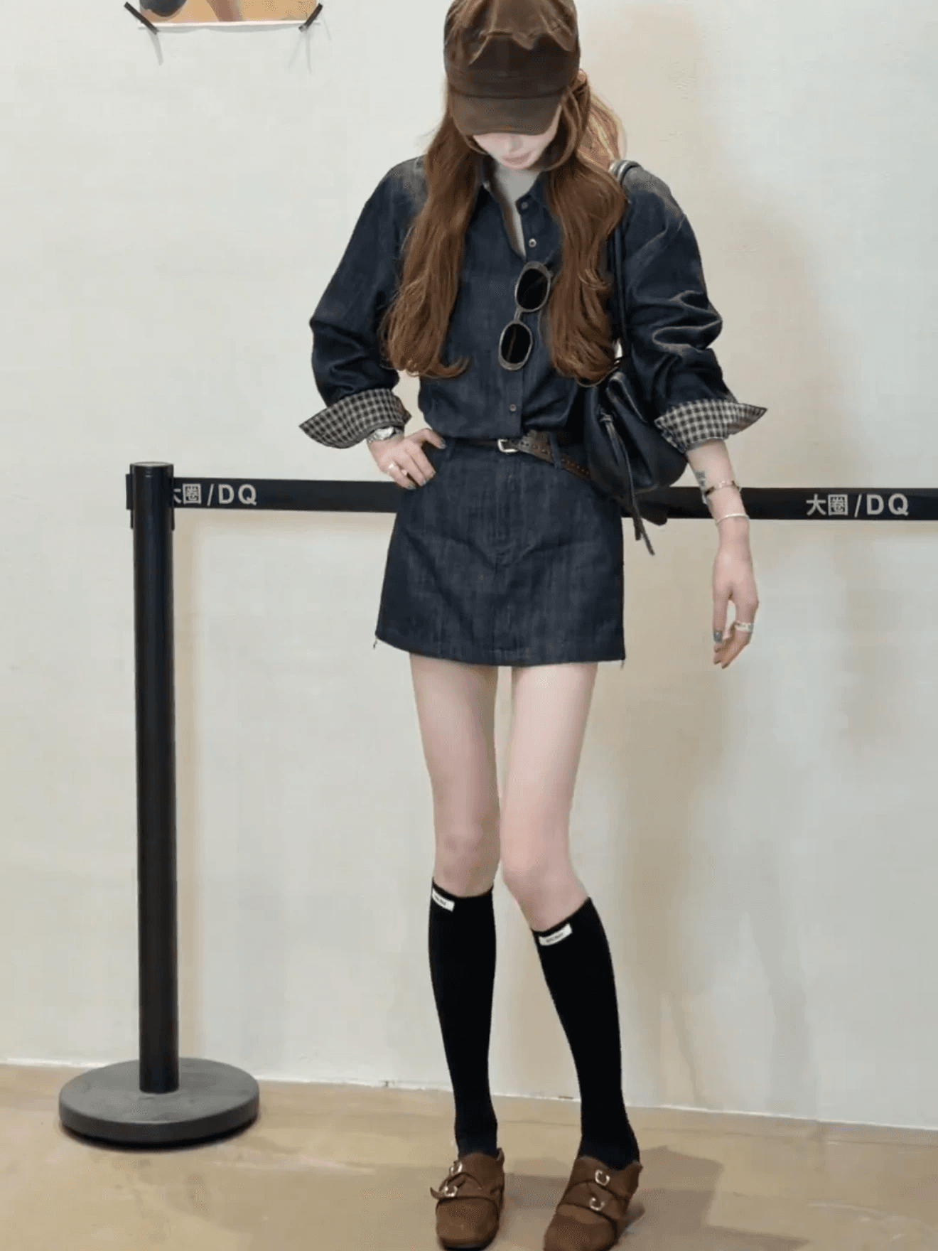 한 부서 ootd 착용 가져 가라. 세트 여성 레트로 체크무늬 뒤집다 측면 소매 데님 셔츠 하이웨이스트 한 마디 미니 스커트 투피스 세트 상세 이미지 2