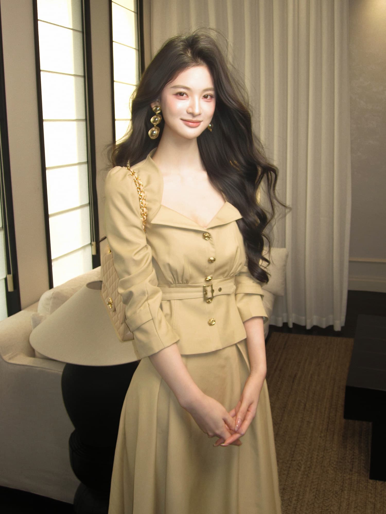 하나부터 순간 첸 와일드 레트로 스타일 Chic 폴로 칼라 허리 수축 짧은 외투 하이웨이스트 큰 진자 반 스커트 품격 세트 상세 이미지 5