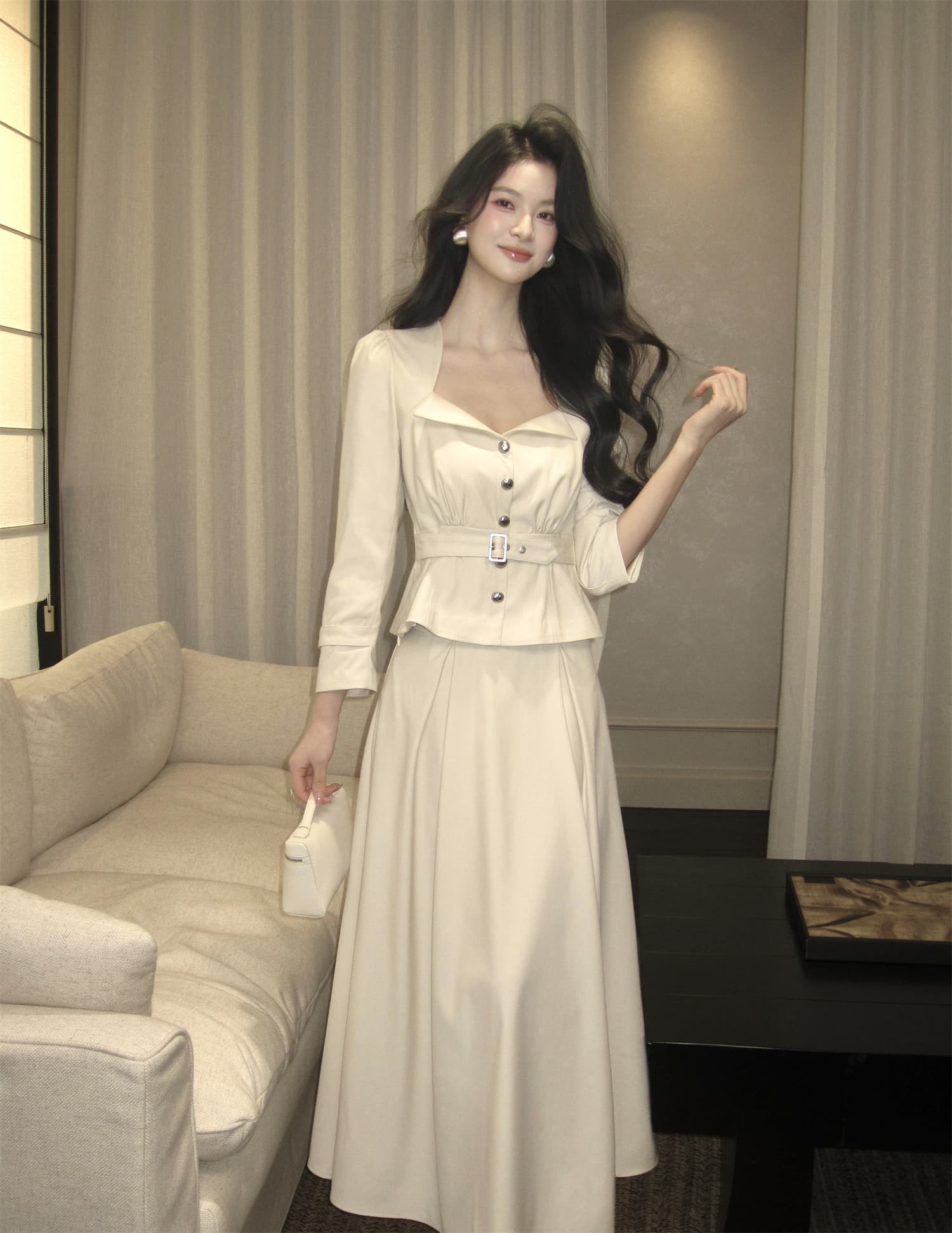 하나부터 순간 첸 와일드 레트로 스타일 Chic 폴로 칼라 허리 수축 짧은 외투 하이웨이스트 큰 진자 반 스커트 품격 세트 상세 이미지 10
